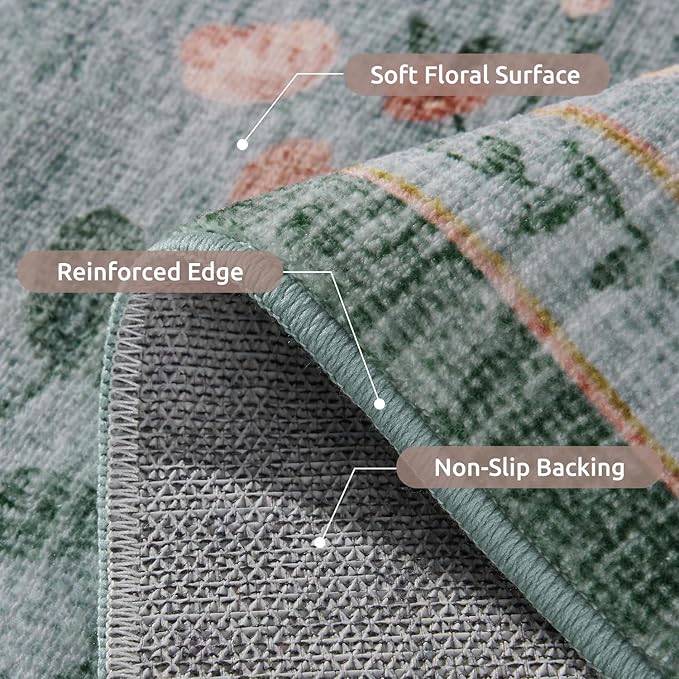 AMOAMI Front Door Mat Indoor Entrance, 2x3 Machine Washable Floral Rugs for Entryway Rug Non Slip Ultra-Thin Soft Boho Small Area Rug Low Pile Throw Rugs for Entrance Kitchen Bathroom, Green