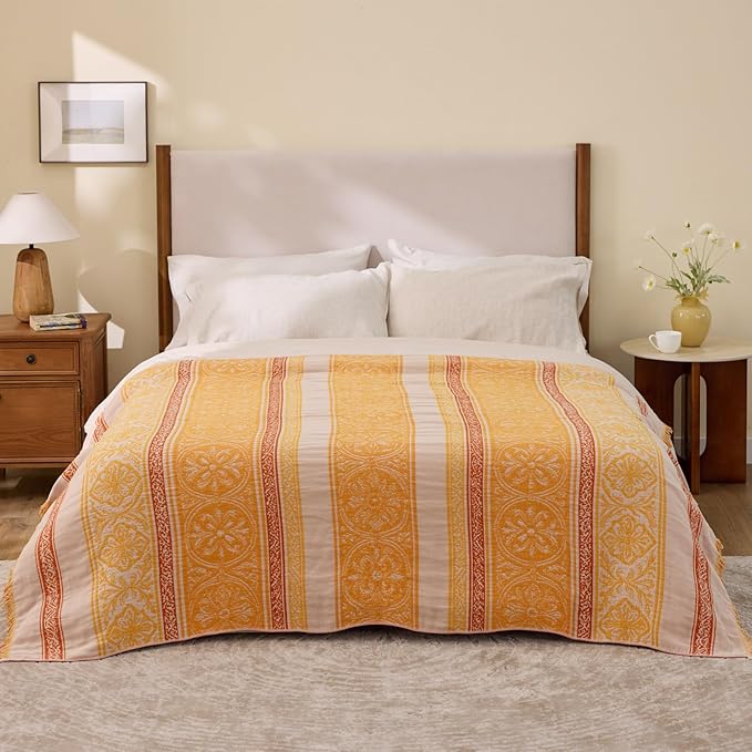100% Cotton Boho Throw Blanket for Home Decor – Classic Farmhouse Quilt Bedding, Muslin Blankets for Adults, Vintage Woven Decorative Blanket for Couch, Bed Layering Use, Bohemian Stripe, 104"x90"