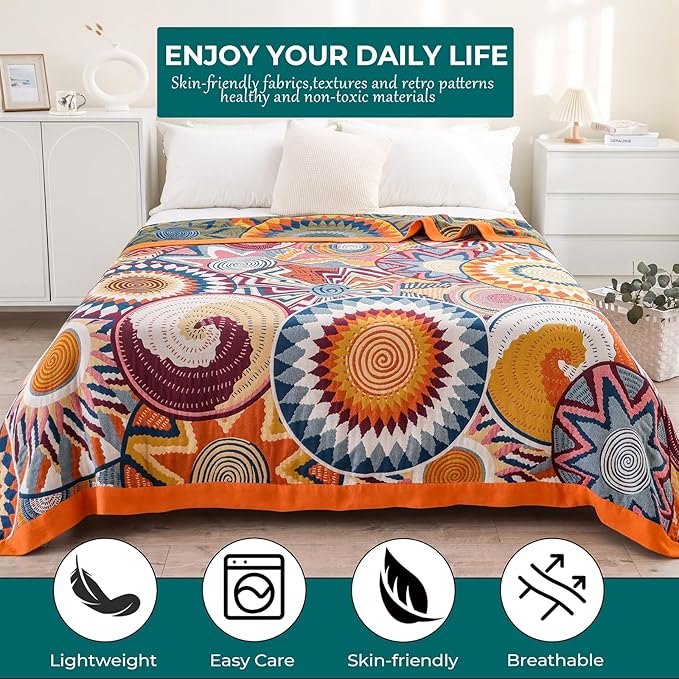Queen Boho Throw Blanket for Bed 100% Cotton Ultra Soft Rustic Cozy Muslin Quilt Farmhouse Decor Bed Blanket,80"×90" All Season Rustic Throw for Sofa Couch,Colourful Sun