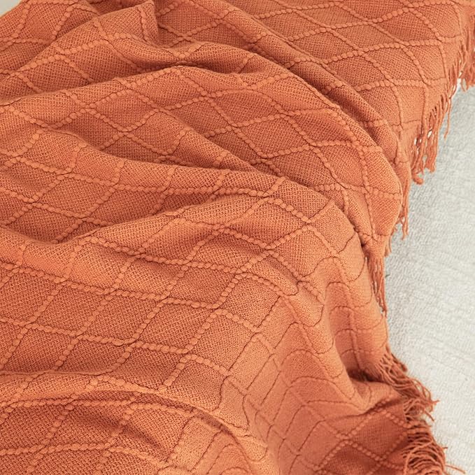 Throw Blanket for Couch Bed, Sofa Knit Blanket Farmhouse Throw for Living Room, Decorative Fall Throw Blanket for Chair, Outdoor Textured Boho Blanket（Rust 51x67In）