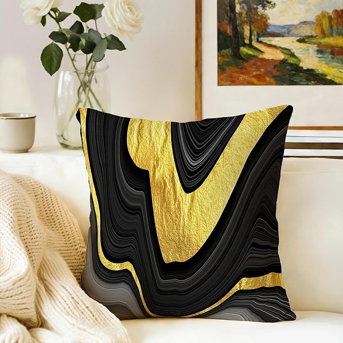 Black and Gold Marble Texture Throw Pillow Covers 18x18 Inch Set of 2, Decorative Gold and Black Grey Modern Boho Art Pillow Covers for Office Couch Sofa Bedroom Living Room Farmhouse Home Decor