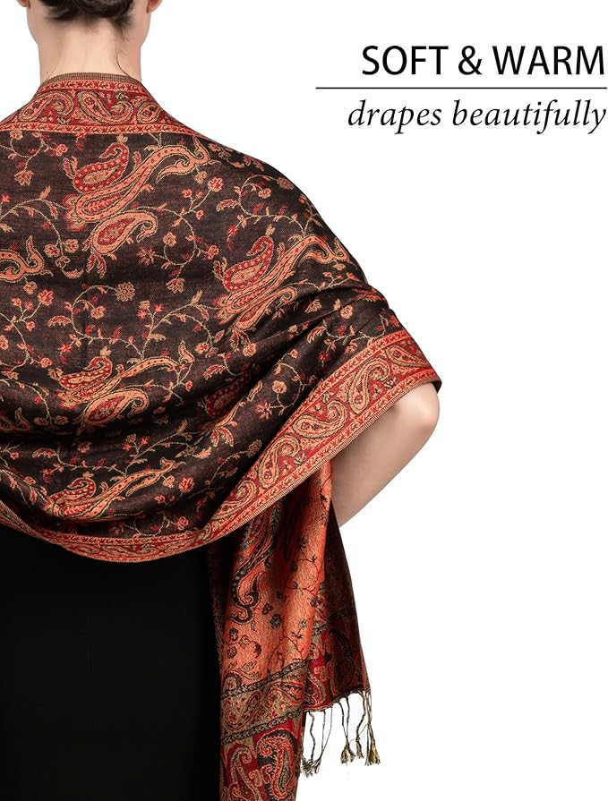 Achillea Reversible Paisley Pashmina Rave Scarf – Exotic Indian Shawls and Wraps for Evening Dresses, Festivals, All Seasons
