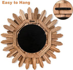 Emfogo Wall Mirror 21 inch Rustic Wood Sunburst Boho Mirror Wall Decor Home Decor for Bedroom Living Room Entryway Farmhouse (Carbonized Black)