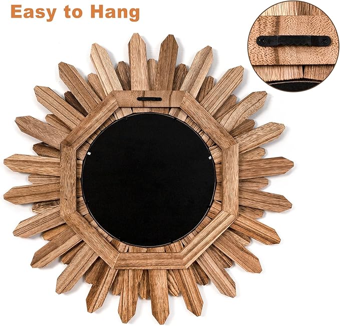 Emfogo Wall Mirror 21 inch Rustic Wood Sunburst Boho Mirror Wall Decor Home Decor for Bedroom Living Room Entryway Farmhouse (Carbonized Black)