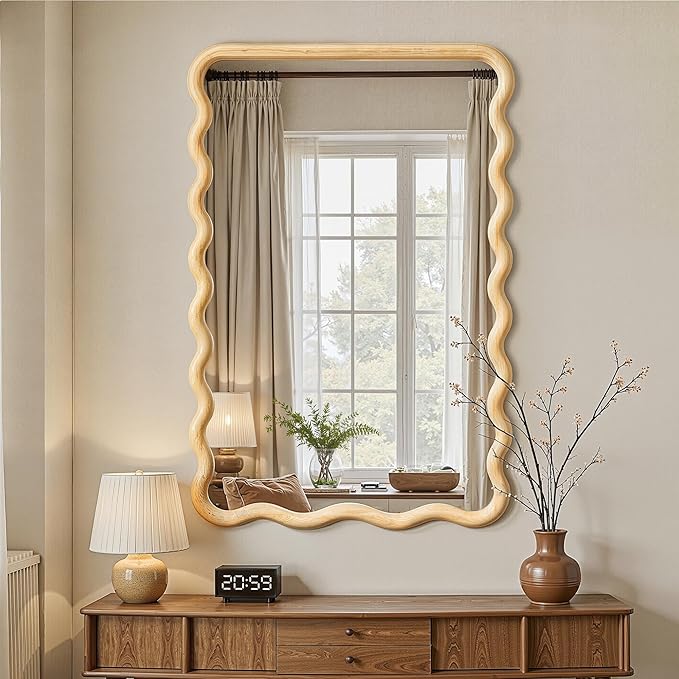 Wavy Mirror for Wall, 36"x24" Boho Bathroom Floor Vanity Mirror with Wooden Frame, for Bedroom, Living Room, Entryway, Farmhouse