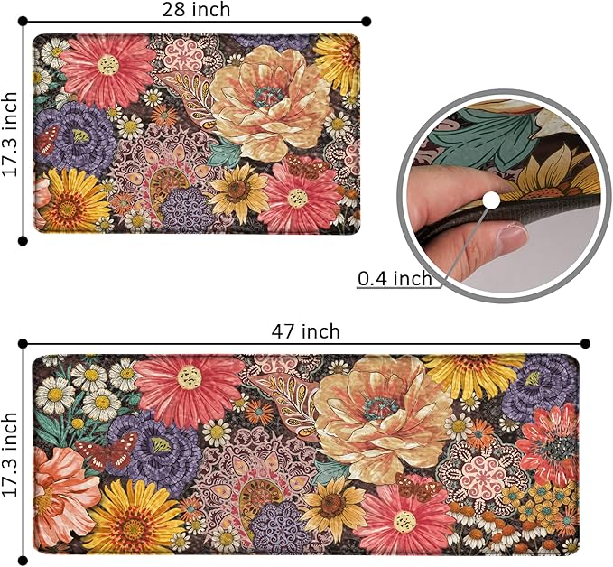Boho Floral Kitchen Mats for Floor 2PCS Anti Fatigue Mats for Kitchen Floor Cushioned Non Slip Waterproof Memory Foam PVC Kitchen Rugs Set for Sink,Office,Laundry 17.3"x28"+17.3"x47"