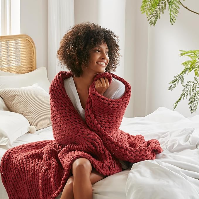 Madison Park Boho Throw Blanket, Soft Blanket Handmade Gift Home Decor, Lightweight & Breathable All Seasons Spring Chunky Knit Blanket, Knitted Throw for Couch, Bed Blanket, 50"x60" Red