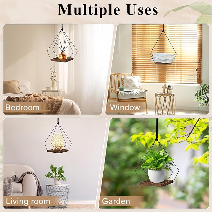 FIOBEE Hanging Planters for Indoor Plants Large Metal Plant Hanger Stand with Wood Base Wall Planter Holder for Window Wall Ceiling Home Decor Accessories (Plants/Pots Not Included), 1 Pack
