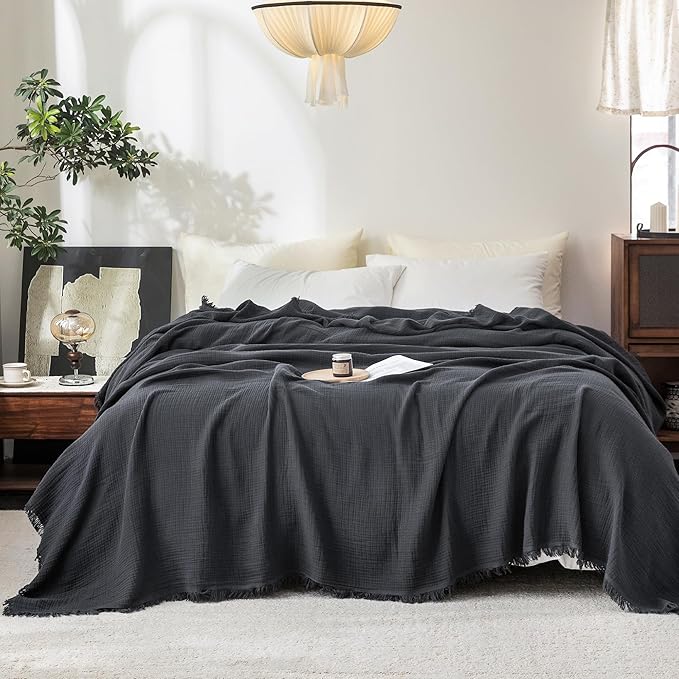 FOSSA Muslin Blanket with Fringe - 4-Layer 100% Cotton Gauze Super Soft & Breathable Throw -Lightweight Decorative Cooling Blanket for Bed, Sofa, Office (Dark Gray, King (104" × 90"))