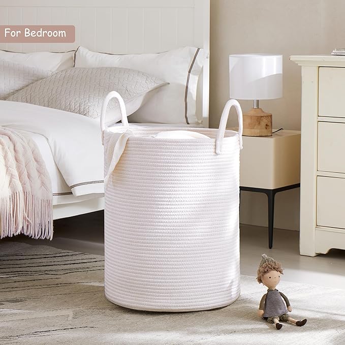 60L Pure White Woven Hamper Laundry Basket Cotton Rope Blanket Basket for Living Room 15Dx20H inches Tall Clothes Hamper for Baby Nursery Kids in Bedroom