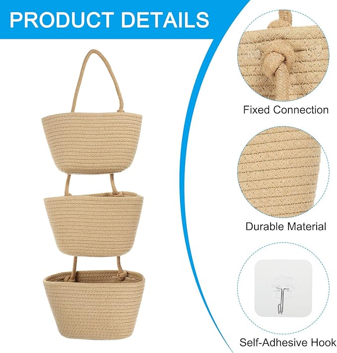 PATIKIL Over the Door Basket, 3 Tier Cotton Rope Woven Hanging Basket Wall Mounted Storage Organizer for Kitchen Bedroom Living Room, Khaki