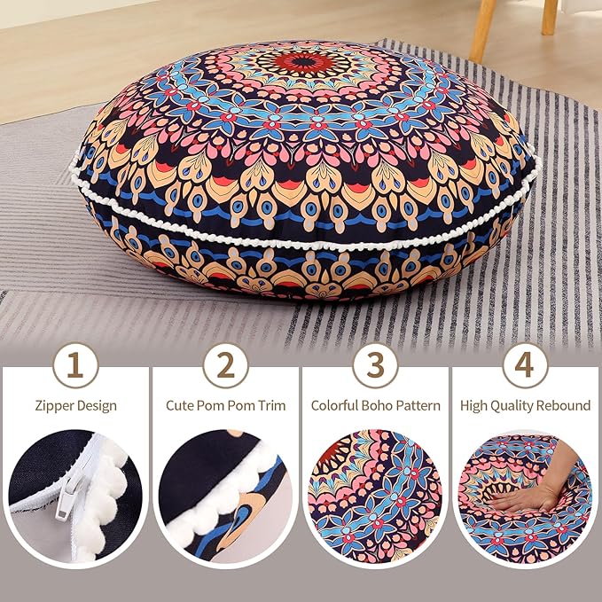 32 inches Meditation Floor Cushion for Adults, Round Large Thick Floor Pillow, Memory Foam Filling, Blue
