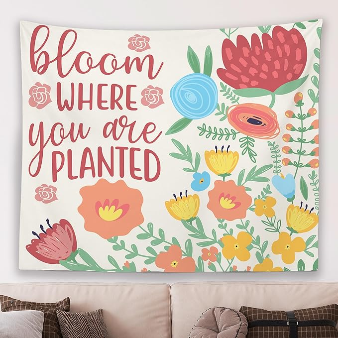 MNOSAIOO Inspirational Floral Spring Wall Tapestry Hanging for Classroom, Bloom Where You Are Planted Tapestry, Cute Nursery Colorful Tapestries Wall Decor for Bedroom Therapy Girly Room 60x50 inch