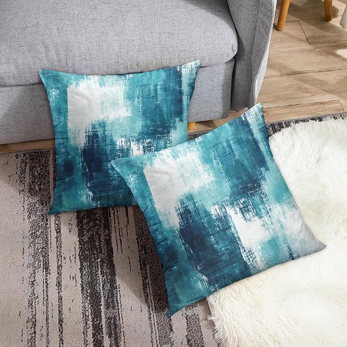 Britimes Throw Pillow Covers Modern Home Art Decor, 18 x 18 Inches Set of 2 Abstract Oil Painting Pillowcases for Bedroom, Living Room, Cushion Couch Sofa, Abstract White Teal