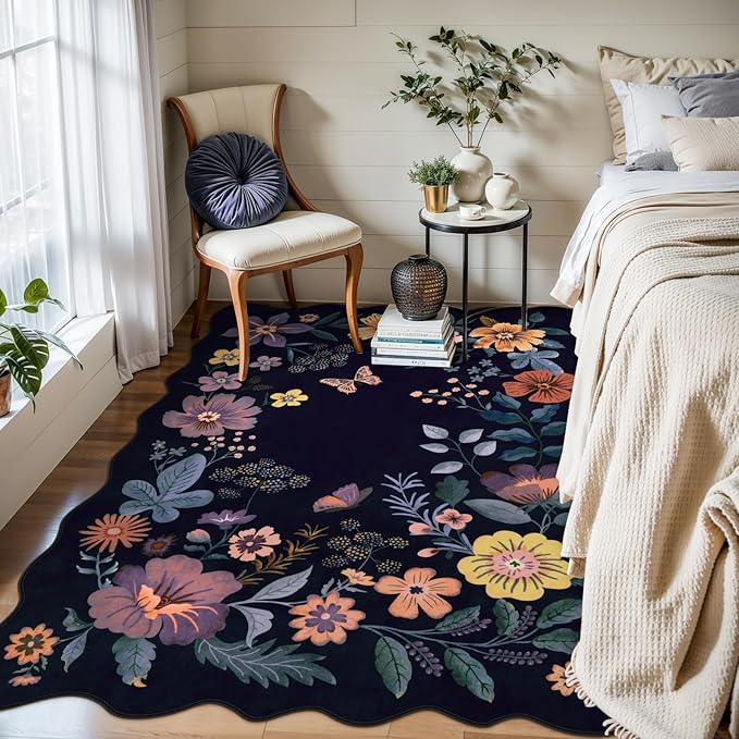 Lahome Floral Washable Rugs for Bedroom, 4X6 Area Rug Ultra-Thin Soft Living Room Rug, Non-Slip Classroom Rug Stain Resistant Boho Low-Pile Throw Carpet for ‎Office Flore (4x6ft,Purple)