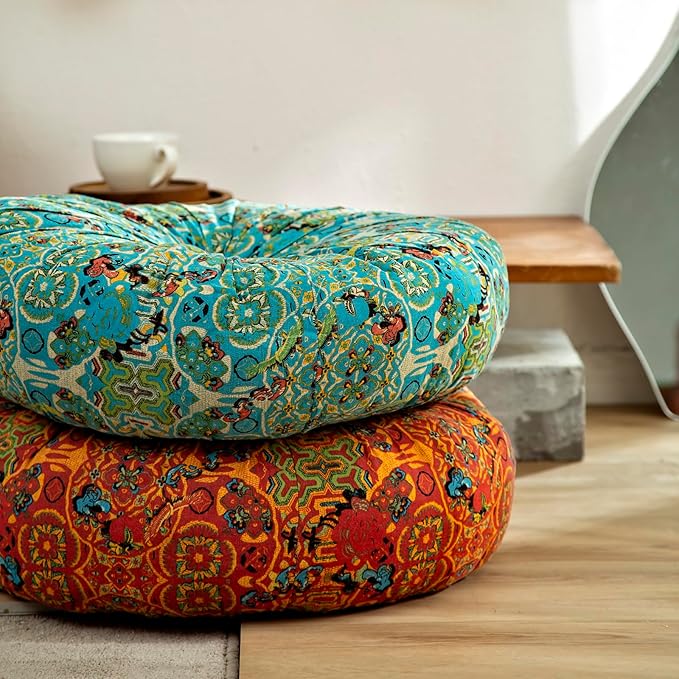 Moroccan Printed Round Chair Pads Cotton Linen Soft Comfort Chair Cushion Colorful Pompom Seat Cushions for Indoor Dining Room and Kitchen Chairs (Blue,22x22 Inch)