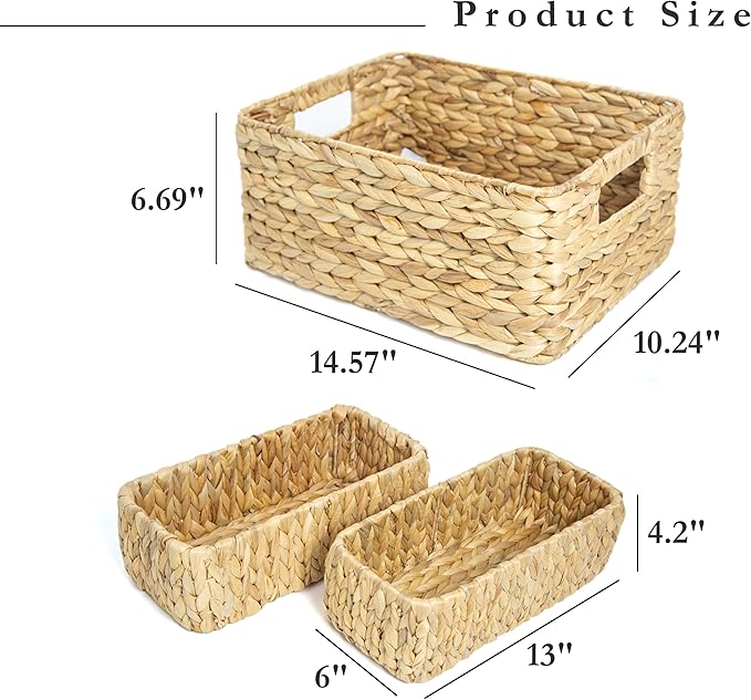 HOMESTEAD Water Hyacinth Storage Baskets, Long Narrow Rectangular Wicker Baskets for Bedroom, Living Room, Bathroom, Shelves - Set of 3