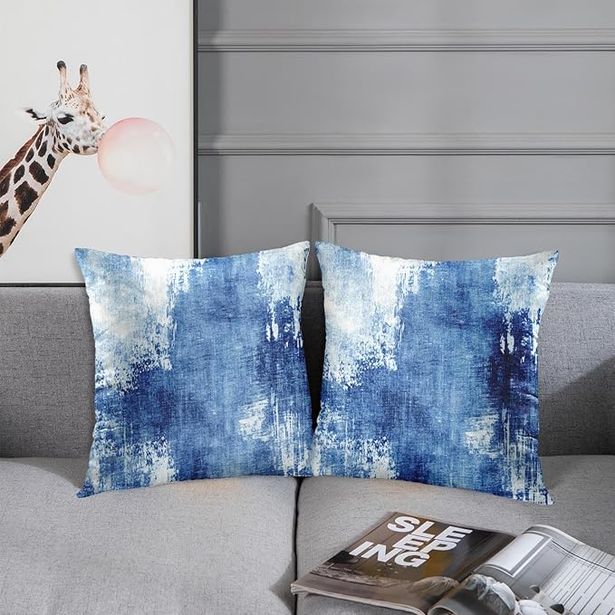 Britimes Throw Pillow Covers Modern Home Art Decor, 18 x 18 Inches Set of 2 Abstract Oil Painting Pillowcases for Bedroom, Living Room, Cushion Couch Sofa, Abstract White Blue