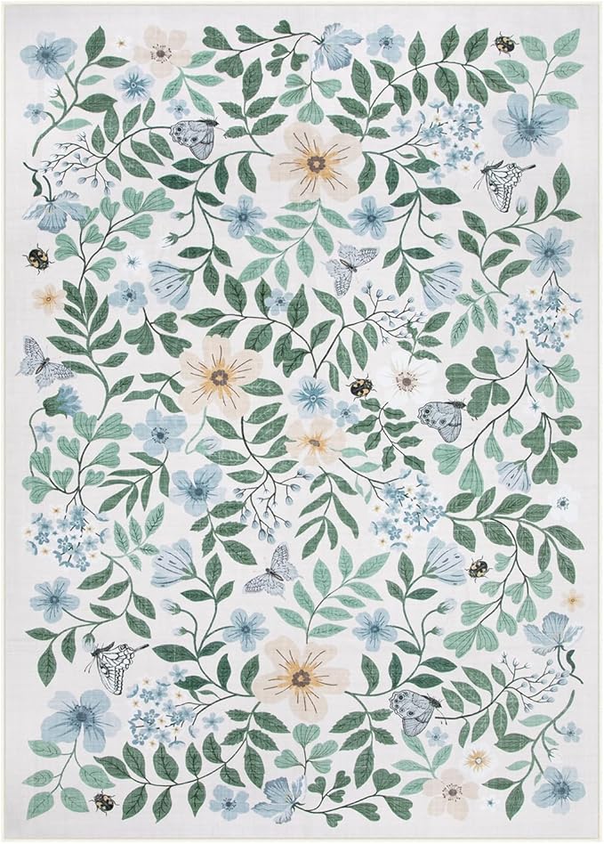 Lahome Reverie 5x7 Light Blue Rugs for Girls Room, Washable Boho Floral Rug Nursery Decor, Non-Slip Thin Carpets for Kids Bedroom, Teen Girls Retreat Nook, Dorm Room, Playroom