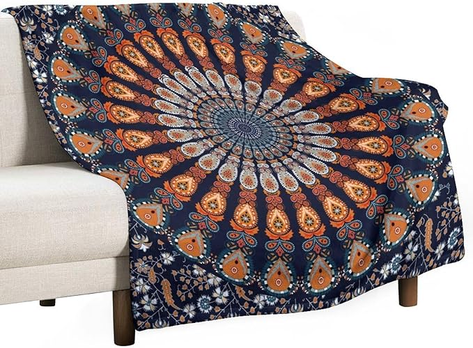 Indian Hippie Bohemian Throw Blanket Beautiful Peacock Mandala Blanket for Sofa Bed Couch Chair Or Dorm 50"x60"