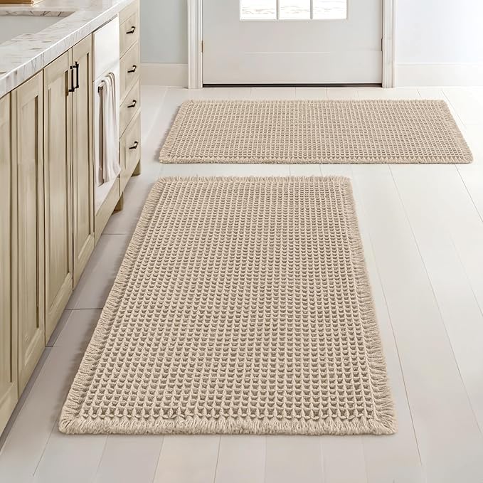 MIULEE Set of 2 Waffle Bathroom Rugs, Boho Bath Rugs Non Slip Washable, Super Absorbent Bath Mats, Ultra Soft Rubber Backed Shower Mats for Bathroom Floor, Tub and Shower, Pale Beige, 18x30 Inch