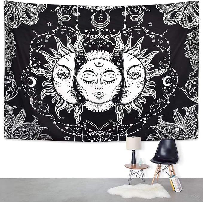 Ftuency Sun and Moon Tapestry, Black and White Tapestries Mystic Burning Sun with Star Wall Hanging decor for Bedroom(82.7" W x 59.1" L)