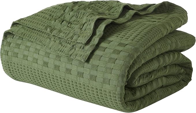 VHC Brands 100% Cotton Waffle Weave King Blanket 108"x90", Decorative Lightweight Spring and Summer Throw Blanket, Bedroom Decor for Bed, Couch, or Sofa, Olive Green