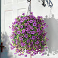 Artificial Flowers Hanging Baskets, 4 Bundles Outdoor Hanging Basket Spring Summer Decoration, No Fade Realistic Fake Flowers Plants for Porch Patio Balcony Home Yard Decor(Purple)