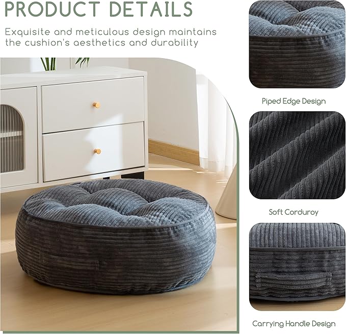 HIGOGOGO 8" Extra Thick Floor Pillow Cushion for Adults, Meditation Cushion Pillow, Large Round Floor Sitting, Tufted Corduroy Cover, for Tatami Living Room or Yoga, 22x22 Inch, Dark Grey