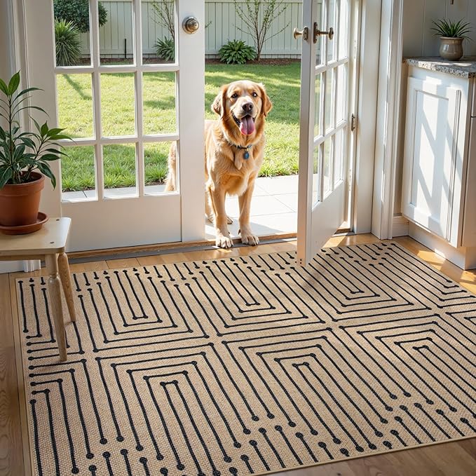 Lahome Boho 3x5 Washable Rugs for Entry, Easy Jute Indoor Outdoor Porch Rugs, Maze Lines Modern Throw Rug Non Slip Stain Resistant Door Mat for Bedroom Living Room Deck