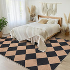 GarveeHome Checkered Easy Jute 3x5 Entryway Rug Machine Washable Outdoor Patio Rug Non-Slip Backing Checkerboard Black Tan Indoor Outdoor Carpet for Hallway Bathroom Kitchen Bedroom