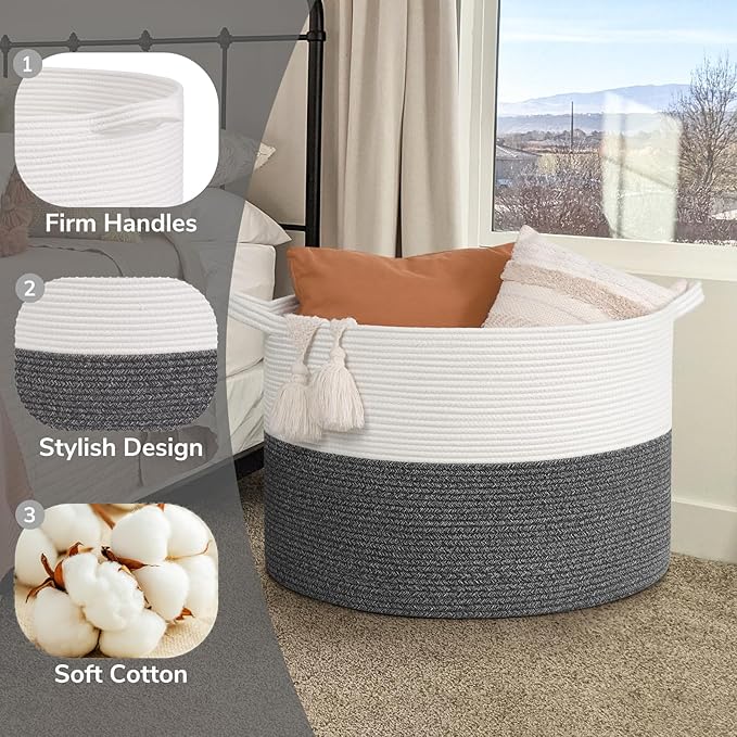 Goodpick 115L Extra Large Blanket Basket, Soft Cotton Rope Storage Basket for Organizing, Home Decor, Toys, Toy Storage Organizer for Living Room & Nursery, Grey