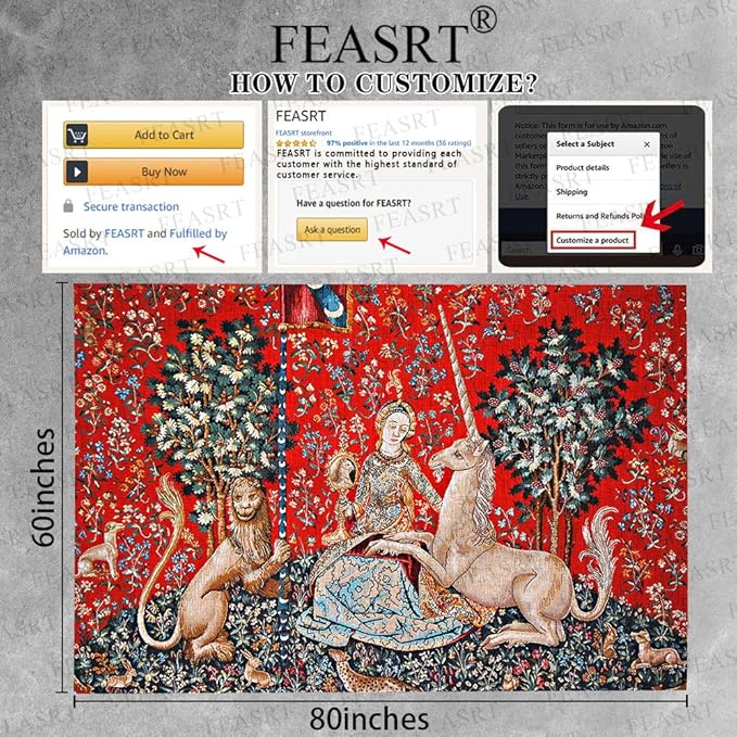 FEASRT Medieval Princess Tapestry - European Royal Tapestry The Maiden and The Unicorn - 80x60 inch for Bedroom, Living Room, Dorm Decoration