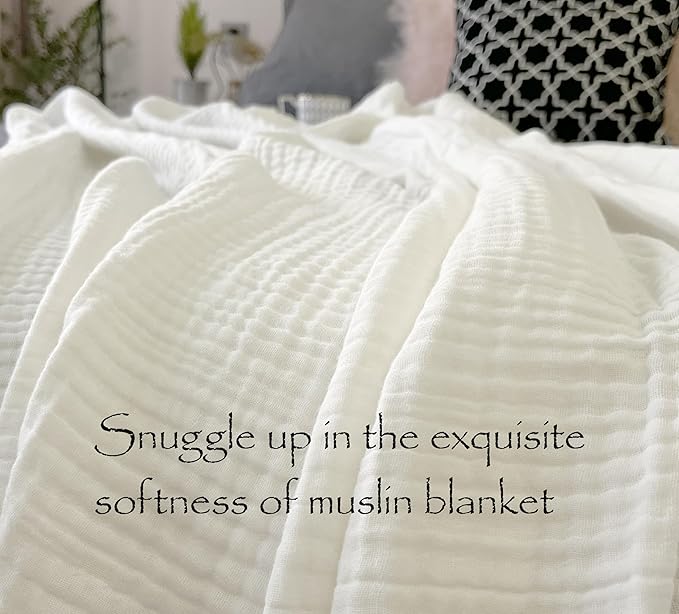 KyraHome 100% Cotton Muslin Blankets for Adults, Couch, 50"x60", Pre-Washed Plant Dyed, Breathable Lightweight Gauze Bed Blanket, All Season (White)