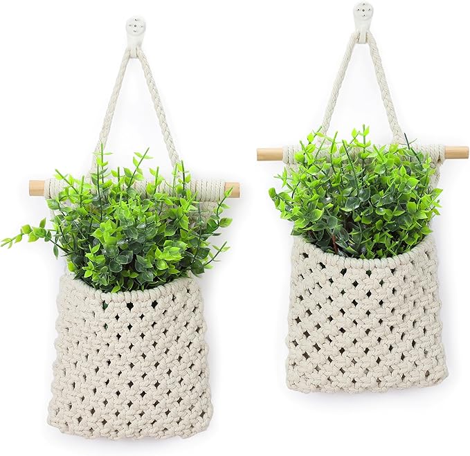 2 Packs Macrame Wall Planters with Artificial Eucalyptus | Macrame Plant Hanger, Wall Plant Holders for Boho, Bathroom, Bedroom & Wall Hanging Decor