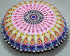 CRAFT KALA 22" Floor Pillows Cover for Sitting, Large Meditation Cushions Cover for Adults, Bohemian Mandala Round Pouf Seating Ottoman Cover for Outdoor Yoga and Living Room Pink Yellow Floral