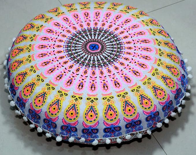 CRAFT KALA 22" Floor Pillows Cover for Sitting, Large Meditation Cushions Cover for Adults, Bohemian Mandala Round Pouf Seating Ottoman Cover for Outdoor Yoga and Living Room Pink Yellow Floral