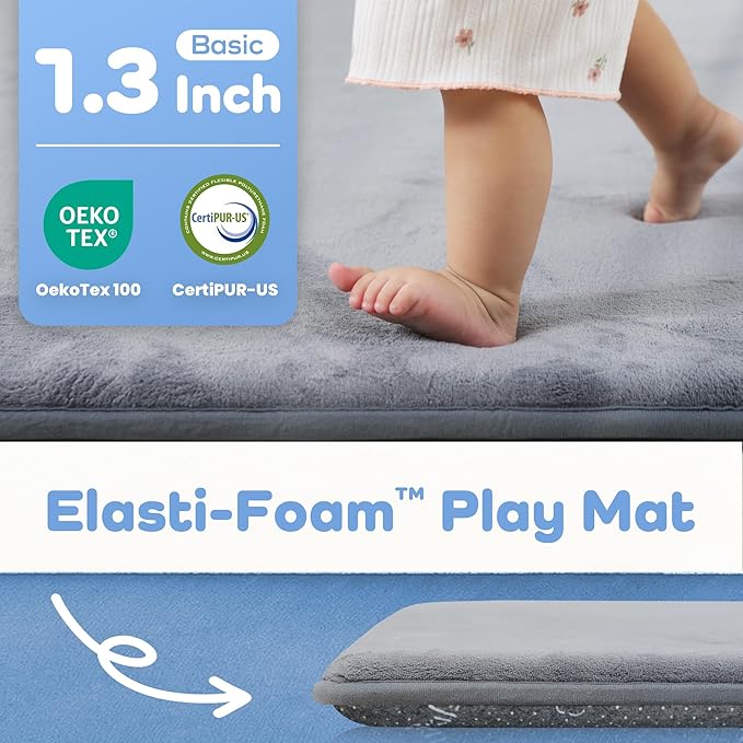 1.3" Thick Baby Floor Play Mat 39x59, Basic Padded Foam Mat for Tummy Time Crawling, Non Slip Cushioned for Babies Toddlers Infants Kids (Light Grey)