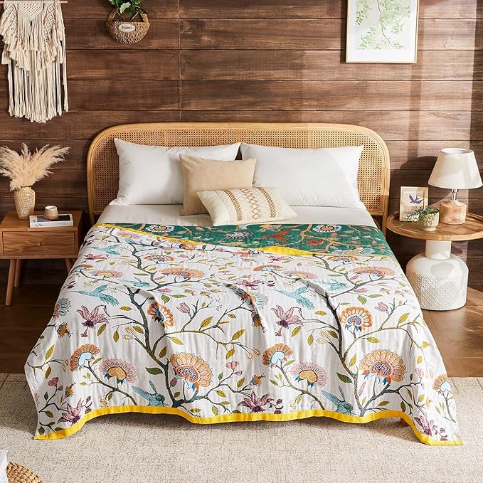 Boho Blanket Soft Muslin Boho Throw Blanket 100% Cotton Blanket All Seasons Reversible Rustic Floral Printed Vintage Rustic Farmhouse Decor Throw for Sofa Couch Chair (Beige, 50"x60")