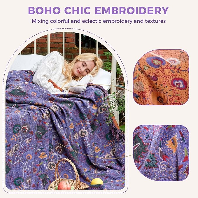 Boho Throw Blanket for Bed 100% Cotton Soft Lightweight Quilt Home Decor Purple Spring Bed Blanket,Floral Embroidery Reversible All Season Breathable Twin Throws for Sofa Couch Chair 60"x80"