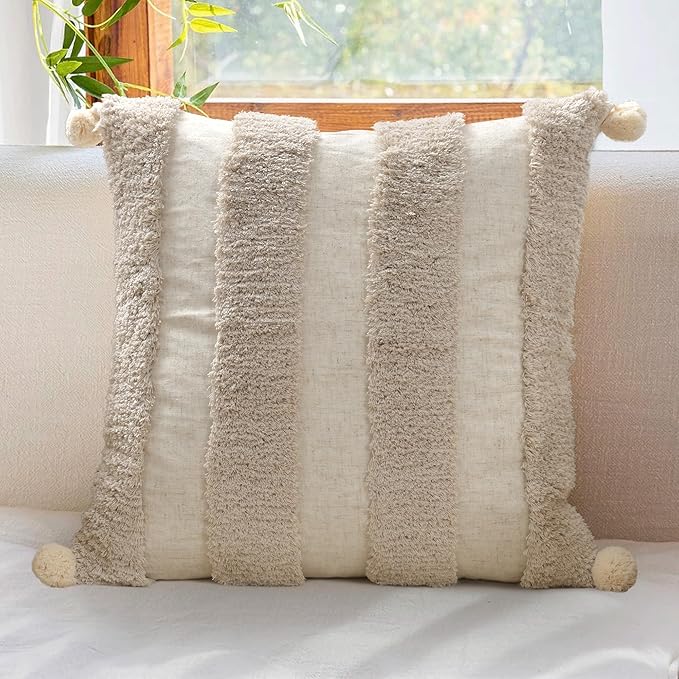 Boho Pillow Covers 18X18 Inch Boho Tufted Linen Throw Pillow Covers Decorative Pompoms Cushion Cover Farmhouse Pillow Case for Couch Sofa Bed Living Room Bedroom,Natural Beige