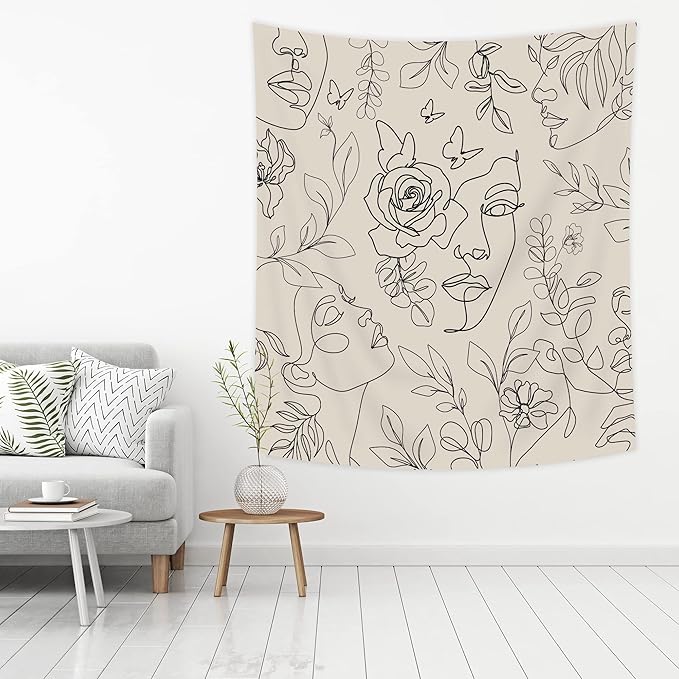 SVBright Abstract Woman Face Tapestry 51Wx59H Inch Floral Leaves Butterfly Art Line Lady Beige Black Flower Aesthetic Modern Sketch Minimalist Simple Wall Hanging Bedroom Living Room Dorm Decor Fabric