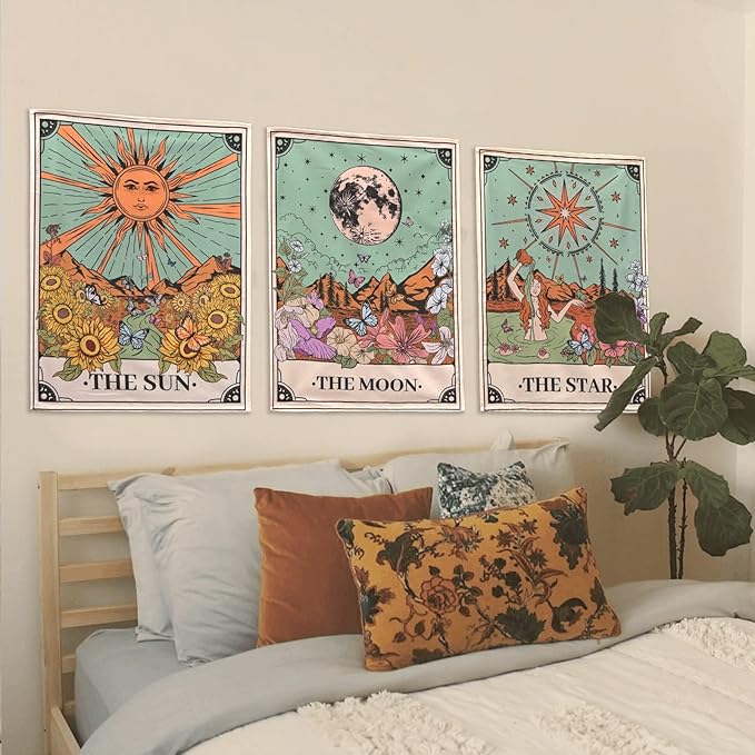 Aipon Tarot Tapestry Cute Tarot Card Tapestries 3 Pack Sun Moon Star Green Floral Flower Small Aesthetic Tapestry Wall Hanging for Bedroom Living Room Dorm (20'' × 27'')