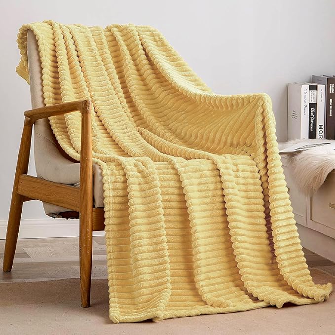 MIULEE Light Yellow Throw Blanket 3D Ribbed Jacquard Fleece Flannel Velvet Plush Decorative Bed Blanket (Throw, 50" x 60") - Super Soft, Lightweight, Warm and Cozy for Couch Sofa