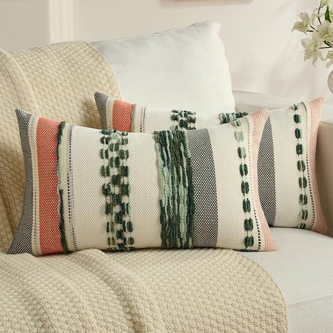 FUTEI Green Decorative Throw Pillow Covers 12x20 Inch Set of 2, Soft Tufted Striped Textured Accent Pillow Case,Boho Pillows for Couch Decor