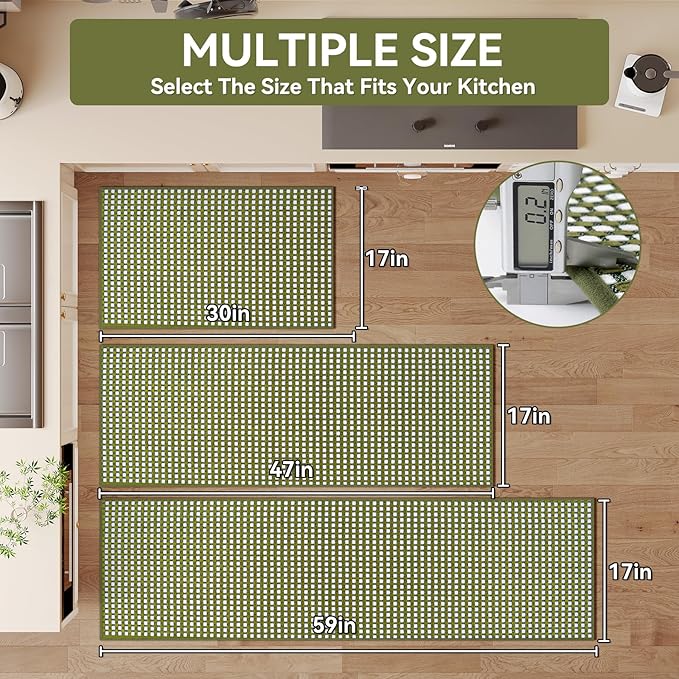 Kitchen Rugs Non Slip Washable, Rubber Backing Soft Chenille Braided Kitchen Mats for Floor, Super Absorbent Kitchen Runner Rug Standing Mat Sink Mat, Easy to Clean, Green 17"x47"