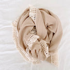 Muslin Cotton Baby Receiving Blanket with Fringe, Boho Bohemian Tassels, Nursery Decor, Boy or Girl Unisex Swaddle Wrap, Use as Throw or Nursing Fringed Blankets (Tan)