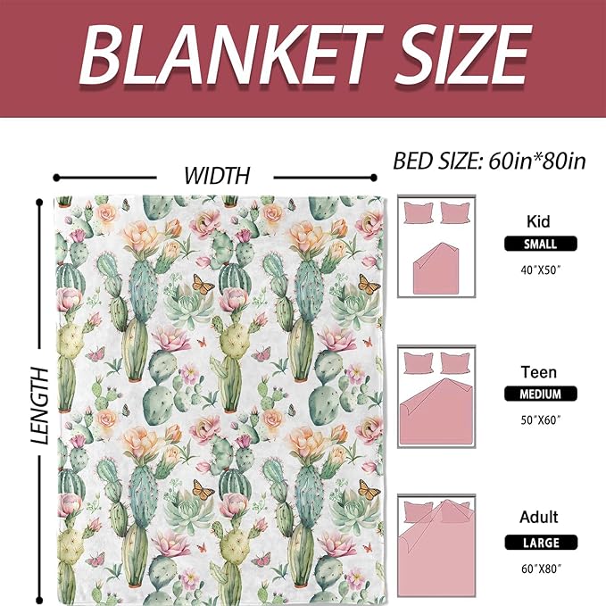 Cactus Floral Blanket 40×50 Inch,Watercolor Succulent and Desert Flower Lightweight Flannel Throw with Butterfly,Boho Botanical Home Decor,Gifts for Girls,Women