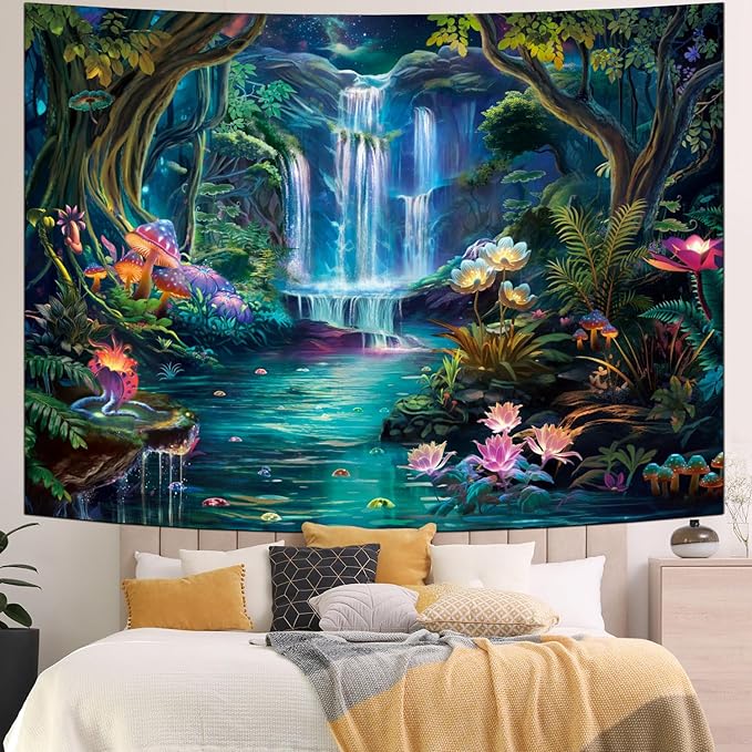 Generleo Forest Waterfall Tapestry Mushroom Flower Tapestries Colorful Floral Plants Tapestry Fantasy Landscape Backdrop Tapestries Wall Hanging for Bedroom Decor