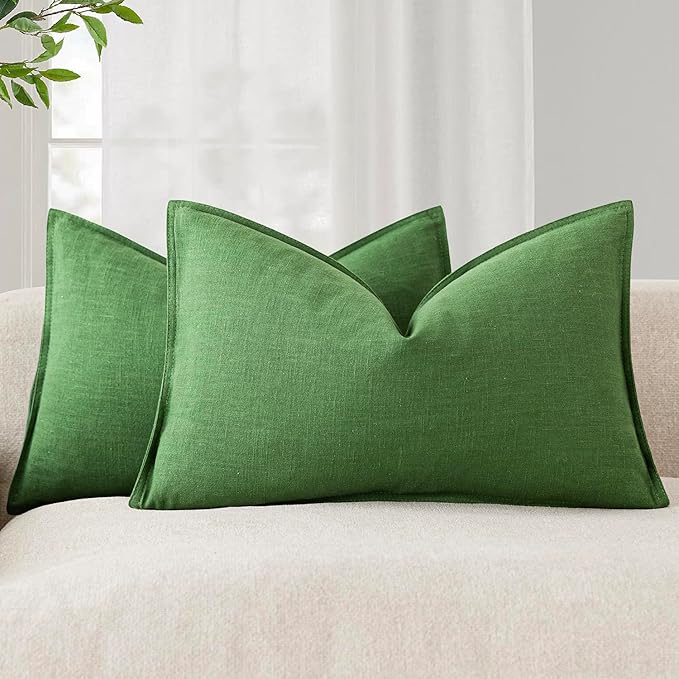 Foindtower Pack of 2, Decorative Linen Soild Throw Pillow Covers Soft Accent Lumbar Cushion Case Boho Farmhouse Pillowcase for Chair Couch Sofa Bedroom Living Room Home Decor 12 x 20 Inch Forest Green